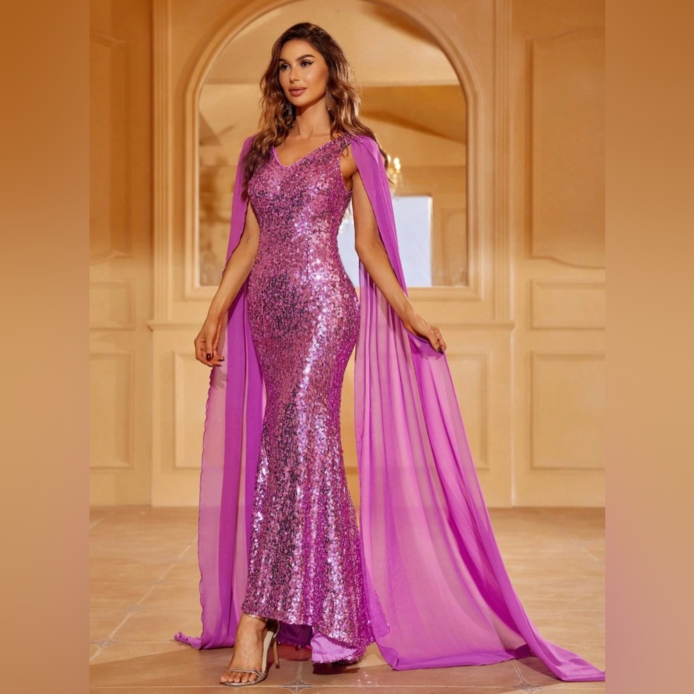 V Neck Sleeveless Sequin Mermaid Dress With long Chiffon cape sleeves